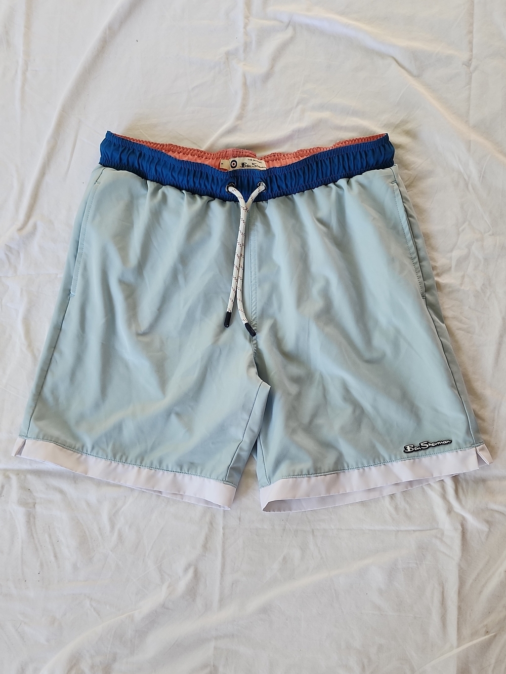 Ben Sherman Size Medium Light Blue Men’s Swim Trunks with Navy Waistband